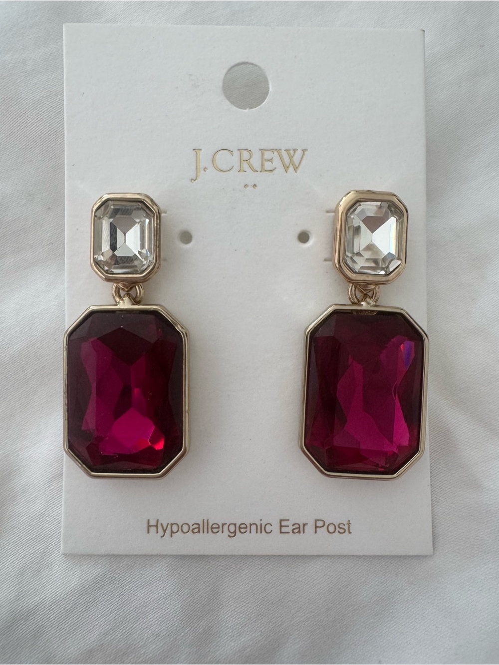 J. Crew Gold-Tone Drop Earrings with Deep Fuchsia and Clear Stones